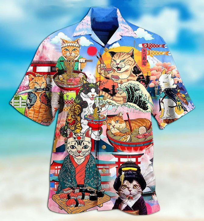 Mens Japanese Cats Print Casual Breathable Short Sleeve Hawaiian Shirts