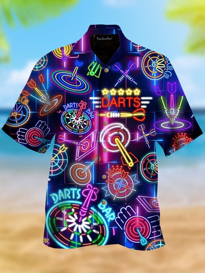 Mens Darts Game Casual Breathable Short Sleeve Hawaiian Shirt