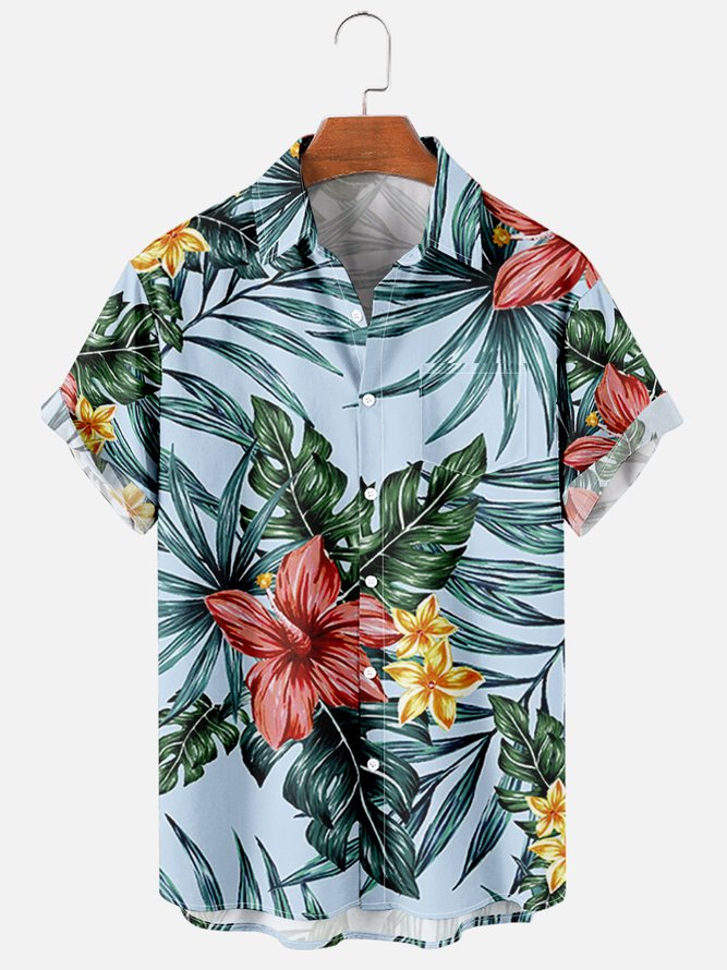 Mens Tropical Leaves Print Casual Breathable Short Sleeve Hawaiian ...