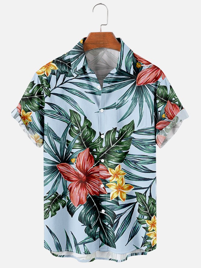 Mens Tropical Leaves Print Casual Breathable Short Sleeve Hawaiian