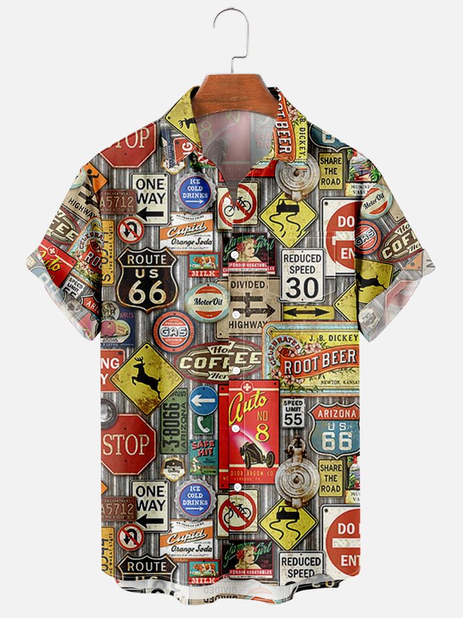 Mens U.S Route 66 Print Casual Breathable Chest Pocket Short Sleeve