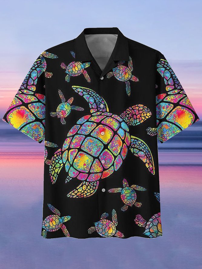 Mens Turtle Print Retro Breathable Hawaiian Short Sleeve Shirt