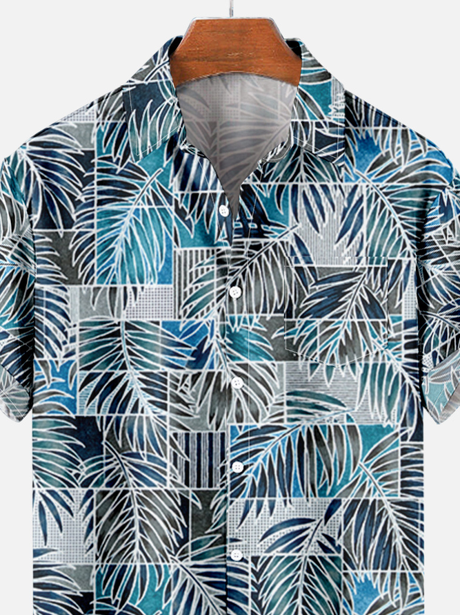 Mens Tropical Leaves Print Casual Breathable Chest Pocket Short Sleeve Hawaiian Shirt