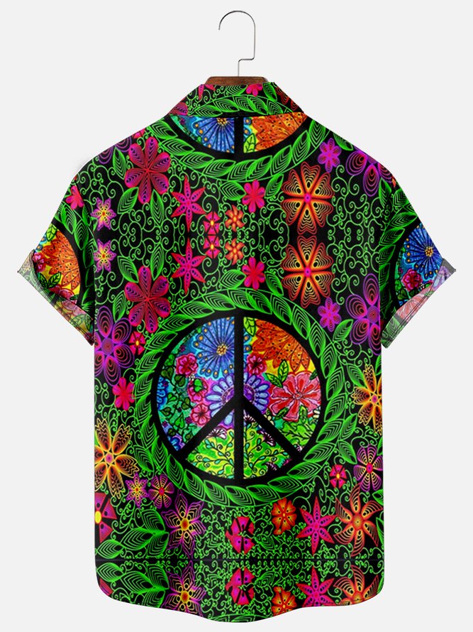 Mens Funky Hippie Peace&Love Print Casual Breathable Chest Pocket Short Sleeve Hawaiian Shirts
