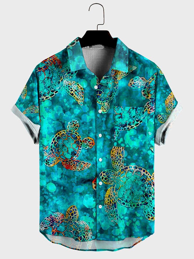 Mens Sea Turtles Print Casual Breathable Chest Pockets Short Sleeve Hawaiian Shirts