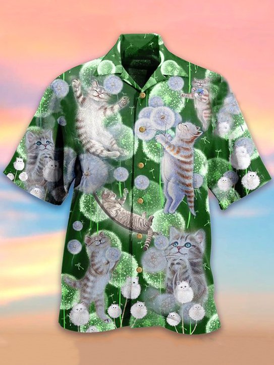 Mens Cats & Dandelion Print Casual Breathable Short Sleeve Hawaiian Shirts