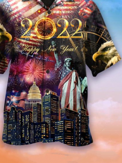 Mens Happy New Year 2022 American Flag Eagle Goddess of victory Print Casual Breathable Short Sleeve Hawaiian Shirt