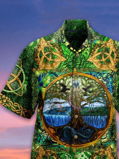 Mens Heart Of The Earth Print Casual Breathable Short Sleeve Hawaiian Shirts