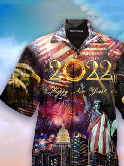 Mens Happy New Year 2022 American Flag Eagle Goddess of victory Print Casual Breathable Short Sleeve Hawaiian Shirts