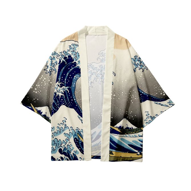 Mens Ukiyoe Wave Print Casual Loose Japanese Style Open Front Kimono