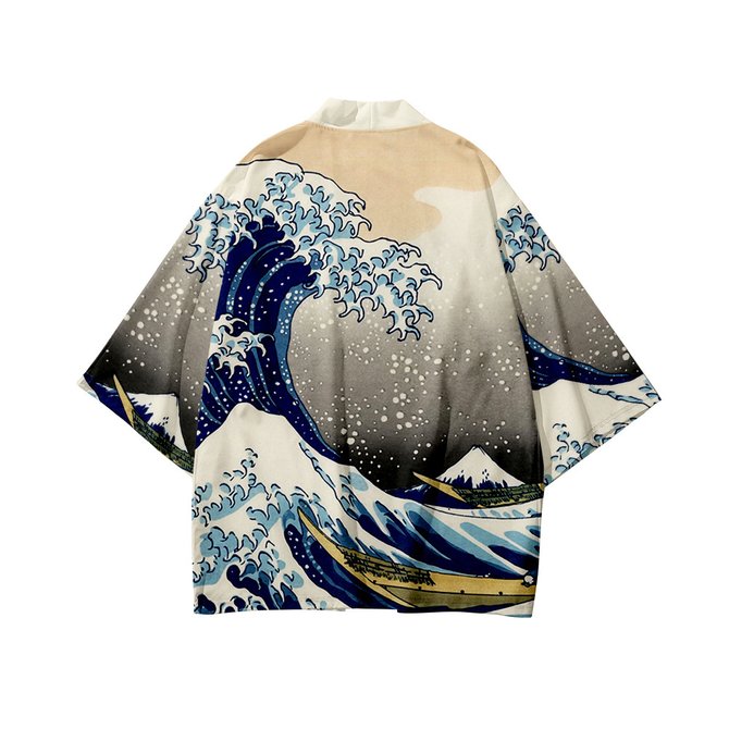 Mens Ukiyoe Wave Print Casual Loose Japanese Style Open Front Kimono