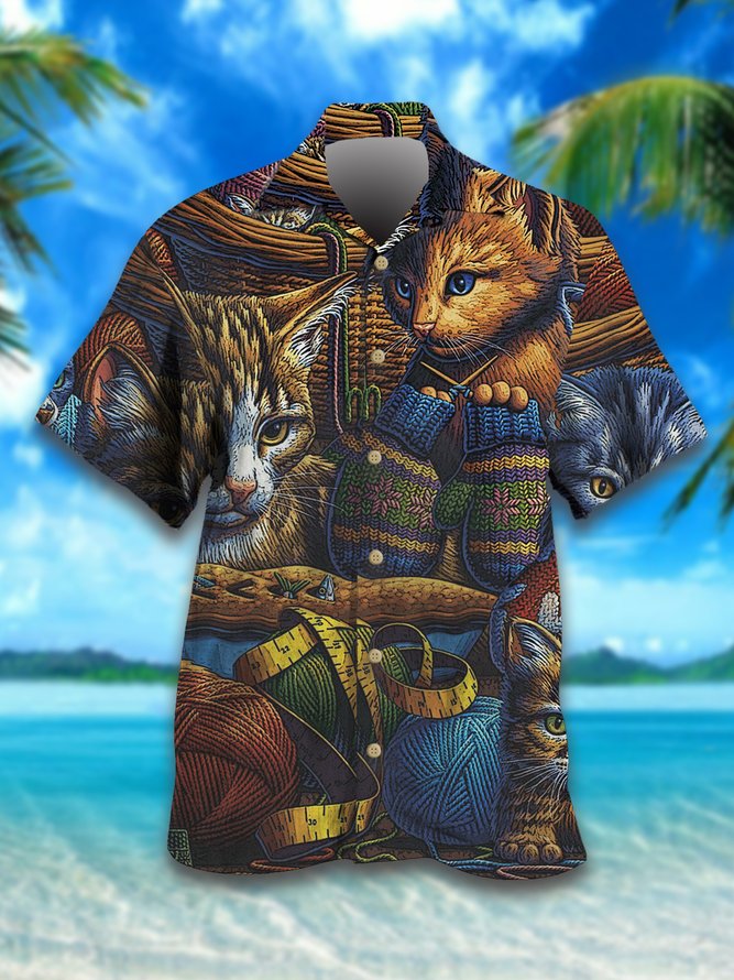 Fun Cat Print Loose Short Sleeve Shirt