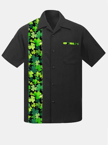 Mens St Patrick's Day Shamrock Print Casual Breathable Short Sleeve Hawaiian Shirt