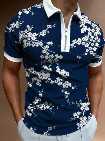 Mens Polo Shirt Printed Zip up Collar Short Sleeve Casual Golf Shirt