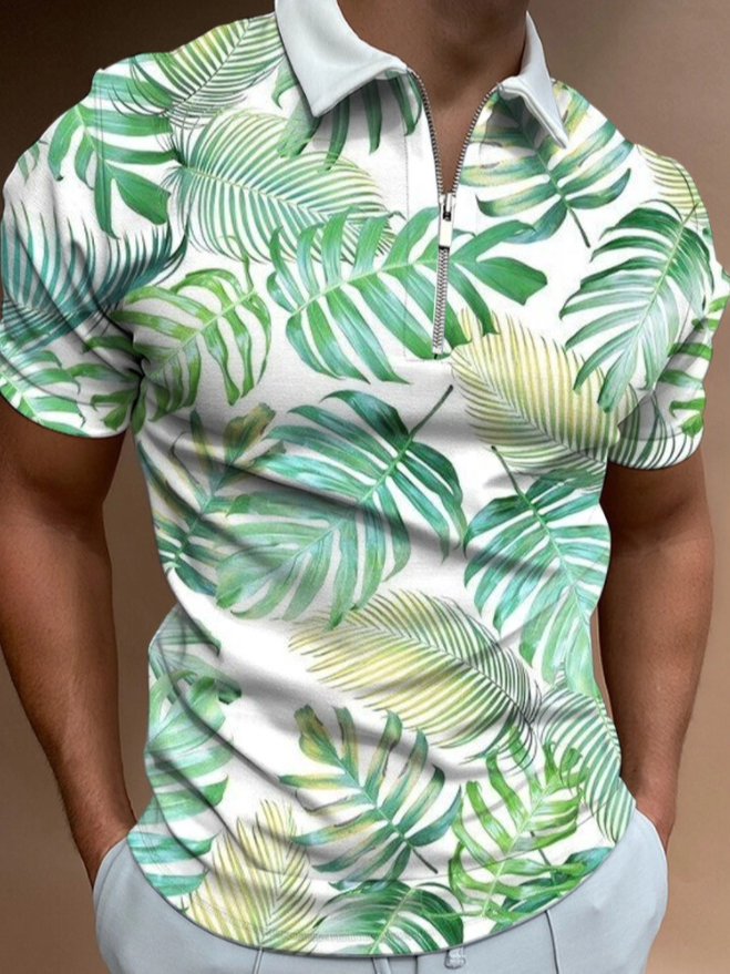 Mens Printed Zipup Collar Short Sleeve Golf Polo Shirts hawalili