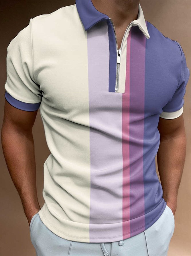Mens Printed Zip-up Collar Short Sleeve Golf Polo Shirts