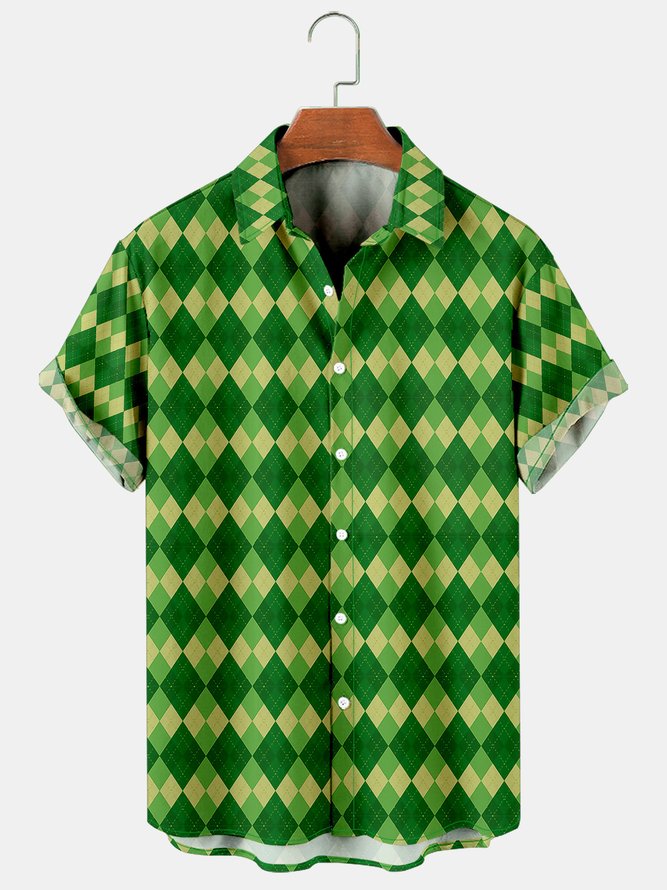 Holiday Leisure St. Patrick's Day Element Diamond Pattern Hawaiian Style Printed Shirt Top