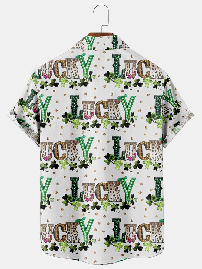 Holiday And Leisure St. Patrick's Day Element Four-Leaf Clover And Alphabet Pattern Hawaiian Style Printed Shirt Top