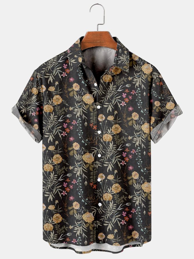 Mens Retro Floral Print Casual Breathable Short-Sleeved Shirt