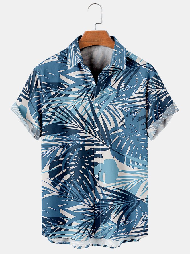 Mens Tropical Palm Leaves & Monstera Ceriman Leaves Print Casual Breathable Chest Pocket Short Sleeve Hawaiian Shirts