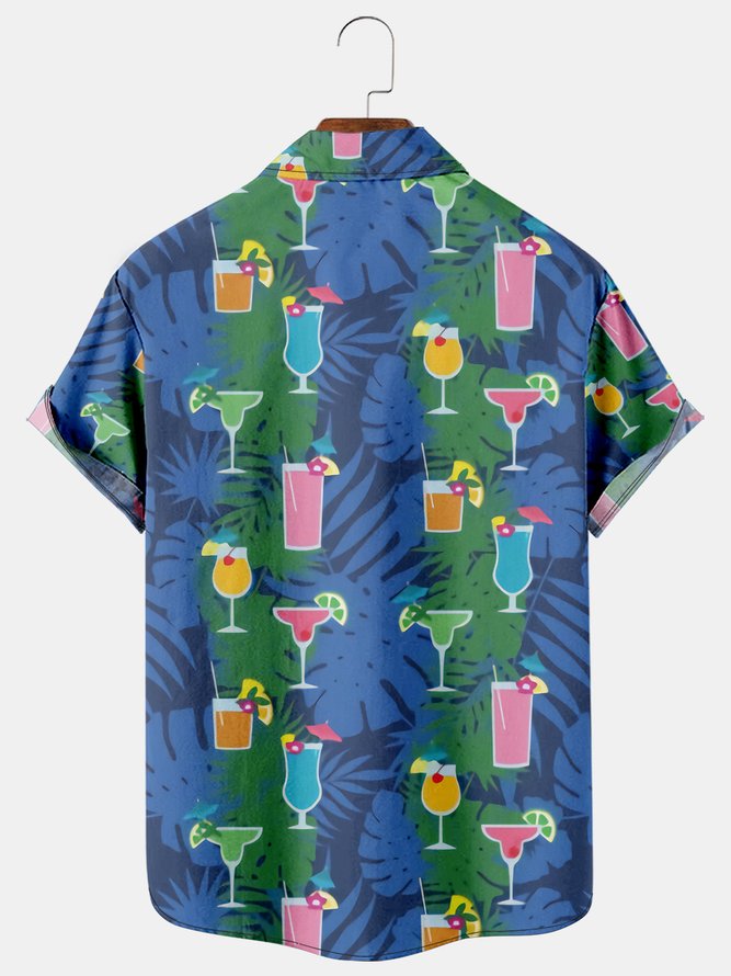 Holiday Style Hawaiian Series Botanical Flower Leaf Cocktail Element Lapel Short-Sleeved Shirt Print Top