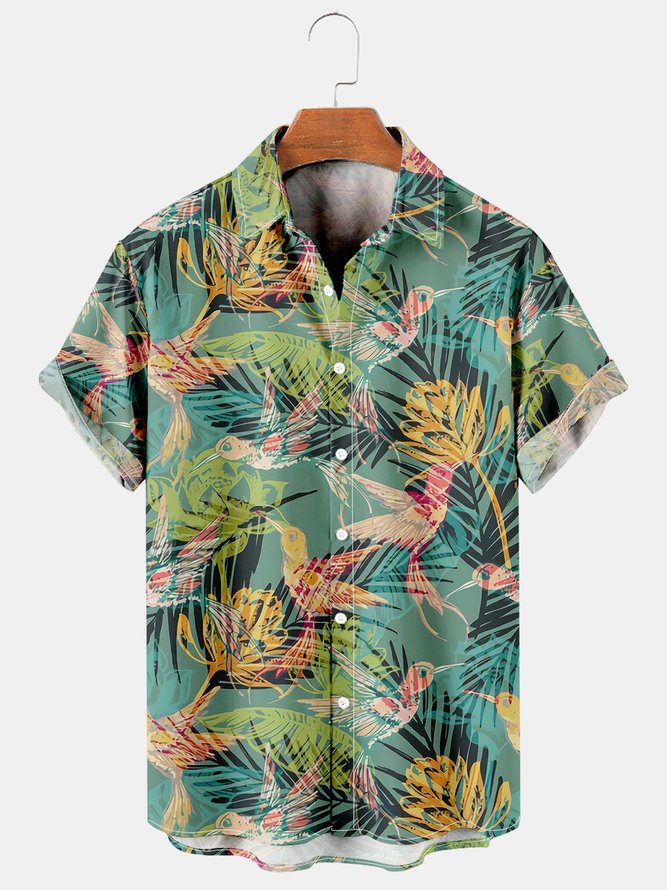 Holiday Style Hawaiian Series Plant Leaves Animal Elements Lapel Short-Sleeved Shirt Print Top