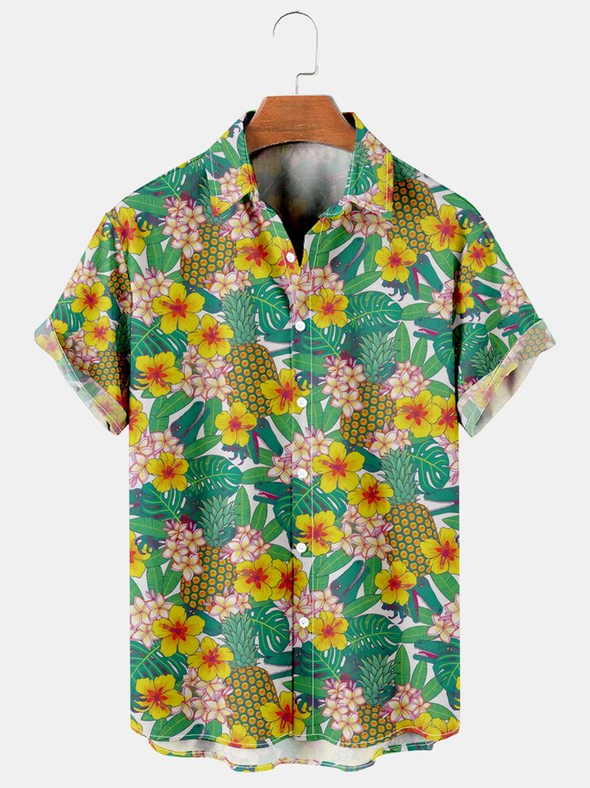 Holiday Style Hawaiian Series Plant Flower And Fruit Elements Lapel Short-Sleeved Shirt Print Top