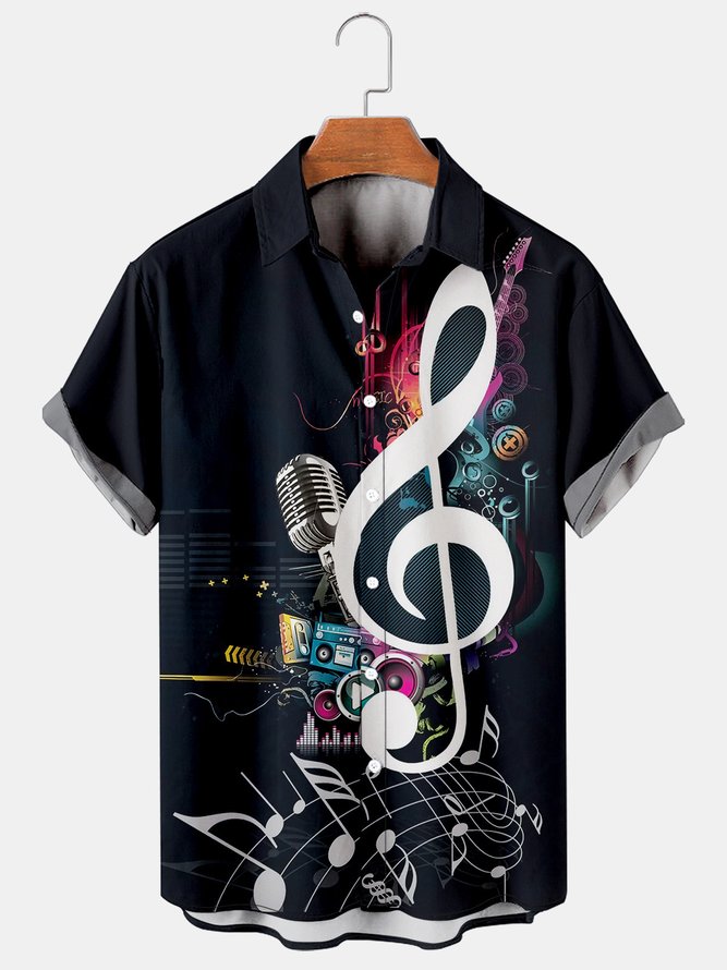 Mens Music Note Microphone Print Casual Breathable Short Sleeve ...