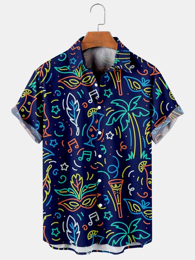 Mens Mardi Gras Carnival Print Casual Breathable Short Sleeve Hawaiian Shirt