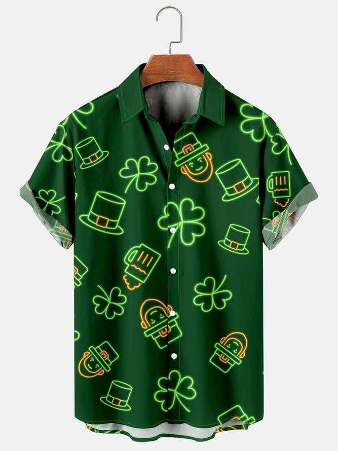 Mens St Patrick’s Day Shamrock Print Casual Breathable Short Sleeve Hawaiian Shirts