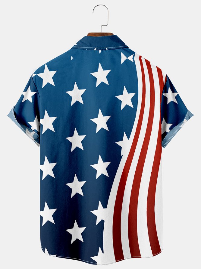 Mens American Flag Casual Breathable Chest Pocket Short Sleeve Hawaiian Shirts