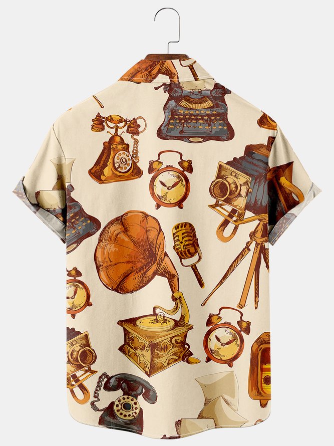 Mens Vintage Gramophone Casual Breathable Short Sleeve Hawaiian Shirt