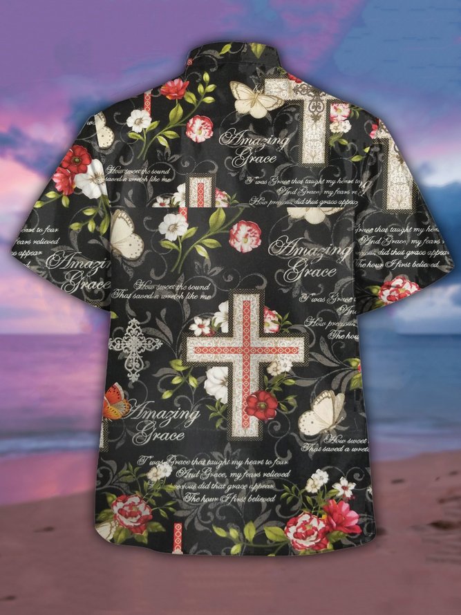 Mens Easter Jesus Crucifix Print Casual Breathable Short Sleeve Hawaiian Shirt