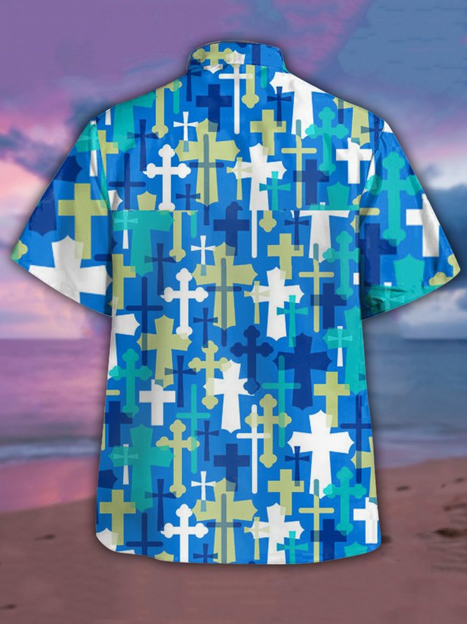 Mens Easter Jesus Crucifix Print Casual Breathable Short Sleeve Hawaiian Shirts