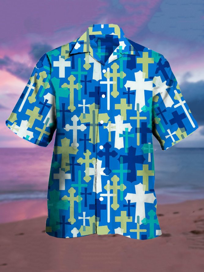 Mens Easter Jesus Crucifix Print Casual Breathable Short Sleeve Hawaiian Shirts