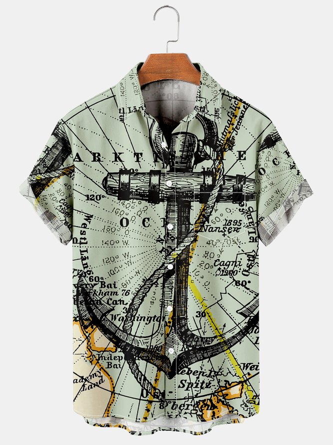 Mens Map Anchor Printed Casual Breathable Short Sleeve Shirts