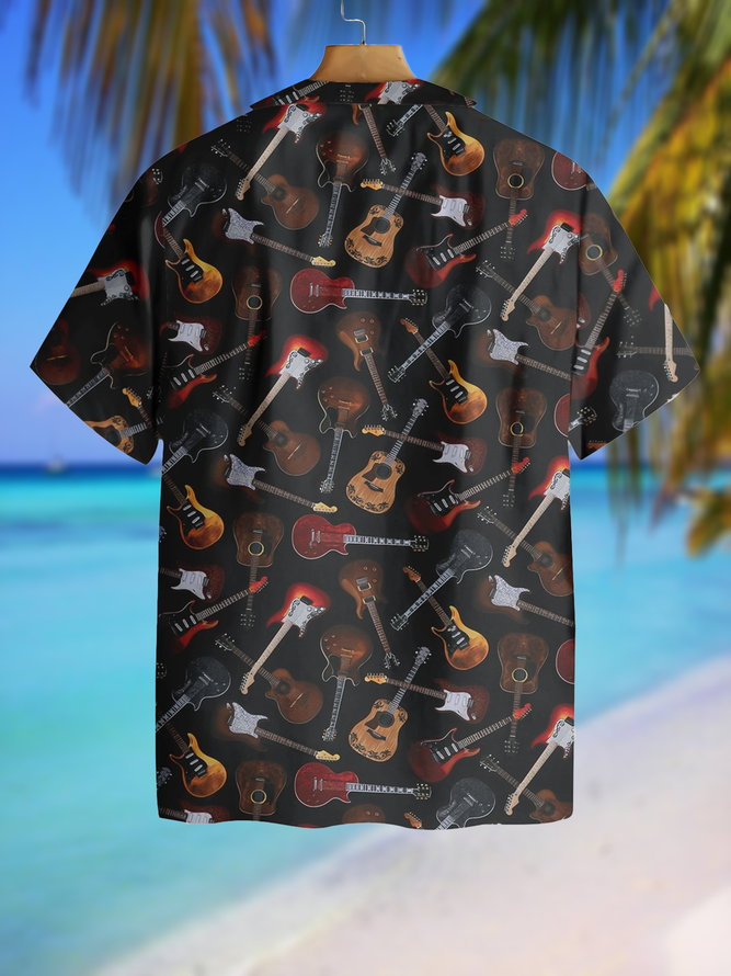 Vacation Casual Music Series Guitar Element Pattern Lapel Short Sleeve Print Shirt Top