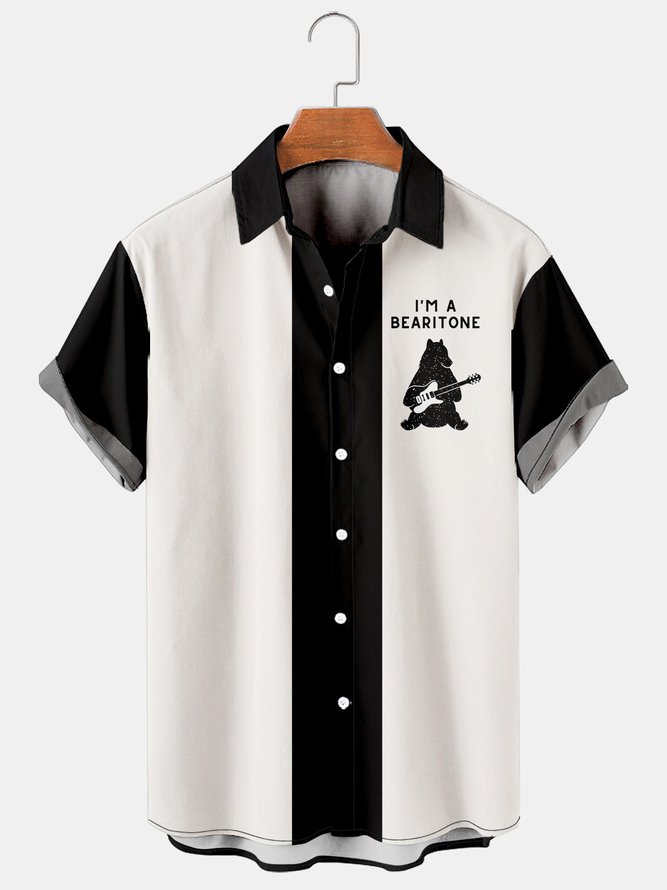 Mens Rock Roll Bear Play Guitar Casual Breathable Short Sleeve Bowling Shirts