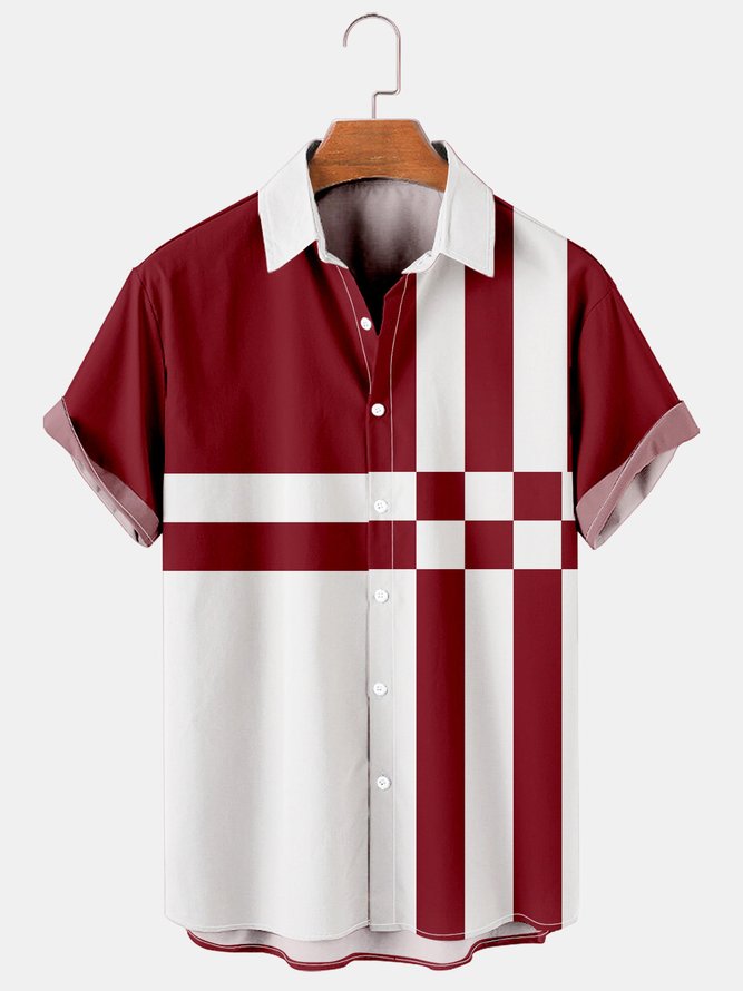 Mens Color-block Striped Casual Breathable Short Sleeve Hawaiian Shirts