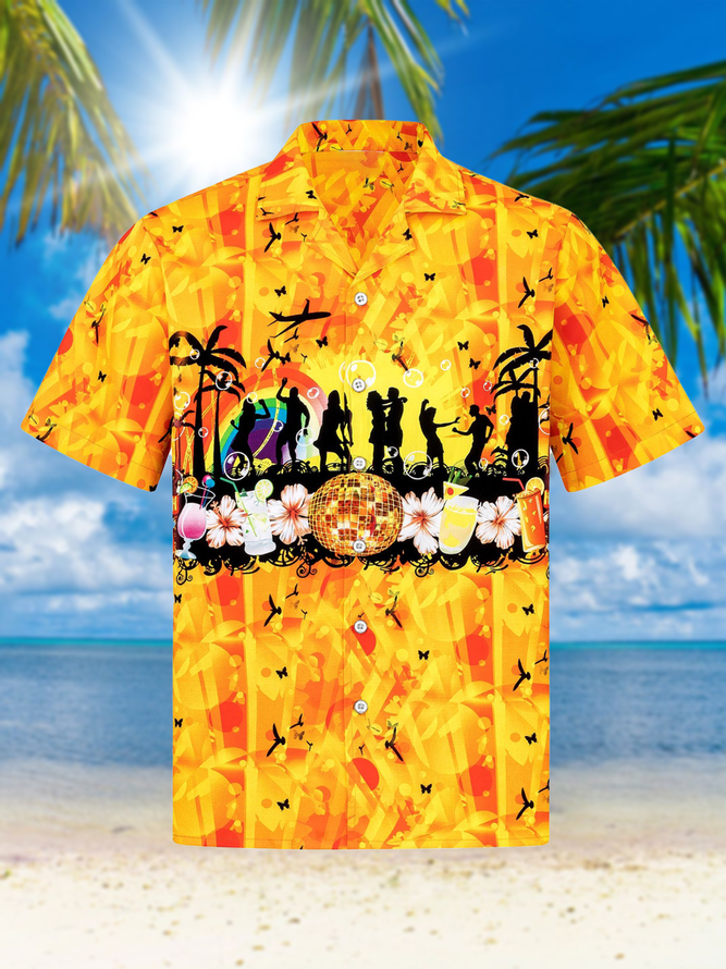 Resort And Leisure Style Music Series Coconut Tree And Music Elements Pattern Lapel Short-Sleeved Printed Shirt Top