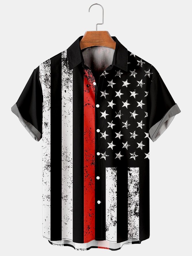 Mens Funky American Flag Print Casual Breathable Short Sleeve Aloha Shirts