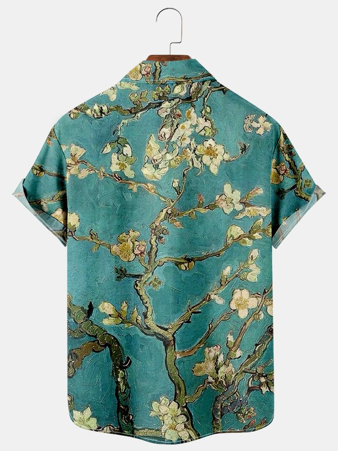 Mens Retro Van Gogh Almond Blossoms Painting Short Sleeve Shirt Lapel Loose Funky Hawaiian Shirt