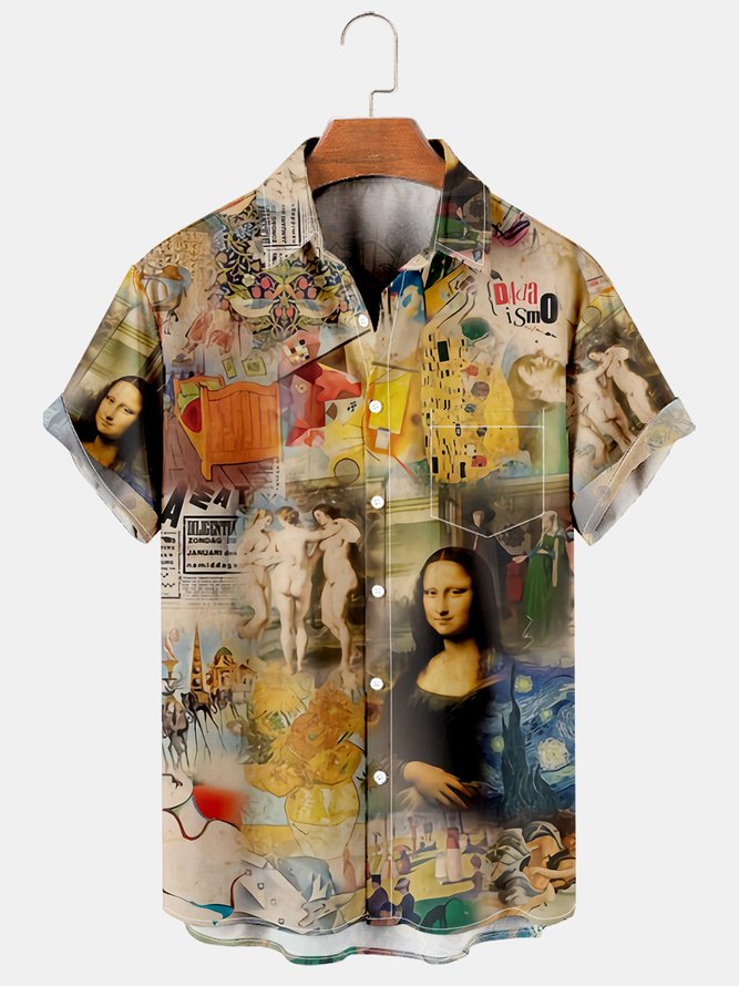 Casual Style Art Series Oil Painting Elements Lapel Short-Sleeved Printed Shirt Top