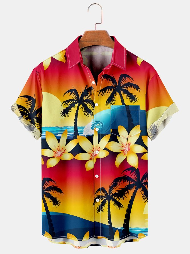 Mens Aloha Coconut Tree Loose Chest Pocket Short Sleeve Funky Hawaiian ...