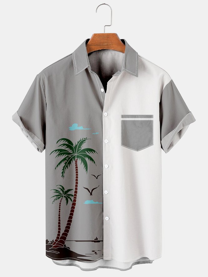 Mens Coconut Tree Print Casual Breathable Hawaiian Bowling Shirt | hawalili
