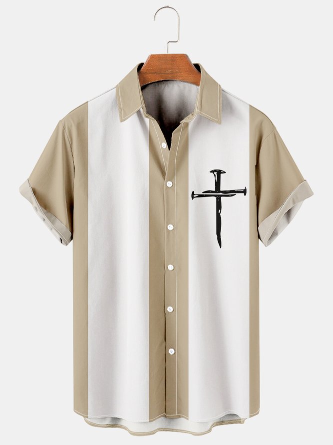 Mens Crucifix Print Casual Breathable Short Sleeve Hawaiian Shirts