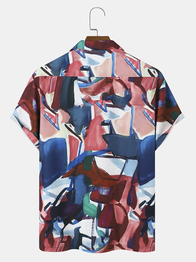Mens Geometric Art Print Casual Breathable Hawaiian Short Sleeve Shirt