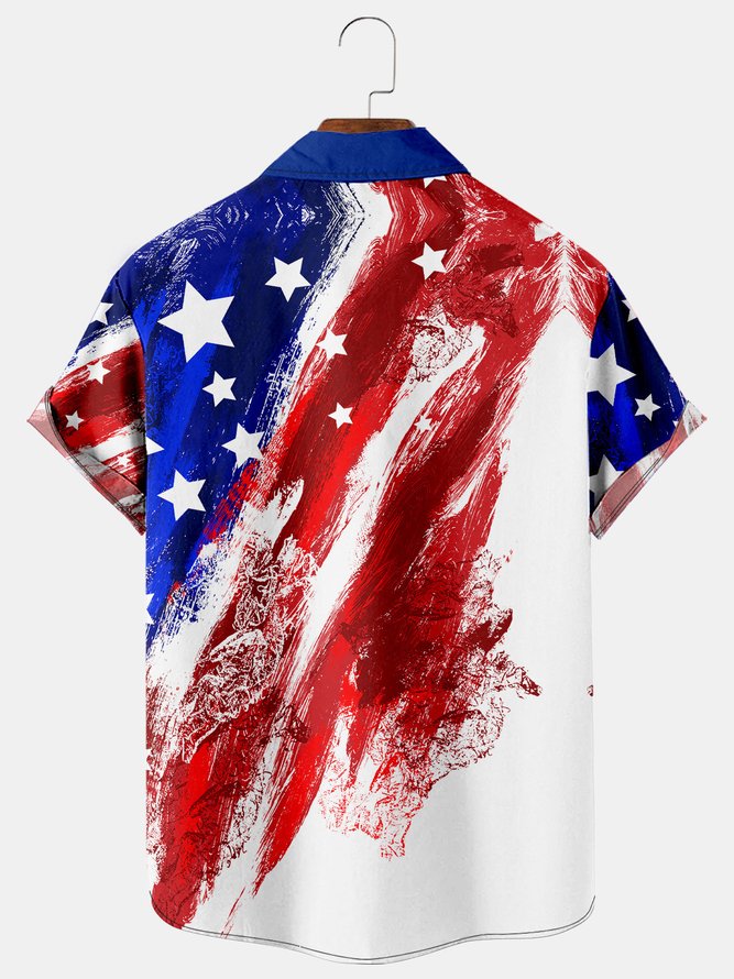Casual Style Culture Series American Flag And Abstract Geometric Elements Lapel Short-Sleeved Printed Shirt Top