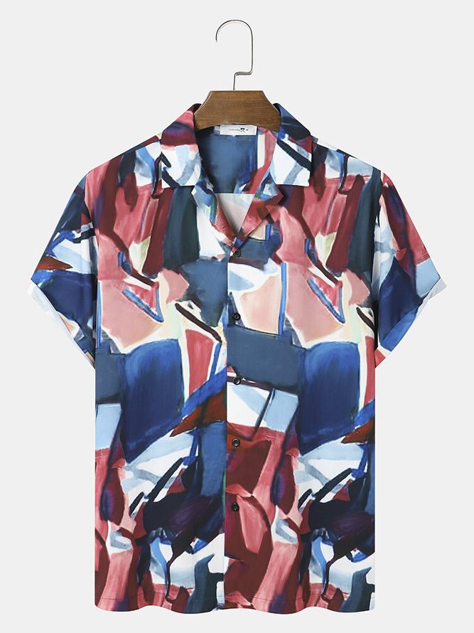 Mens Geometric Art Print Casual Breathable Hawaiian Short Sleeve Shirt