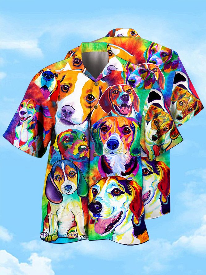 Mens Art Pet Print Casual Breathable Short Sleeve Shirt